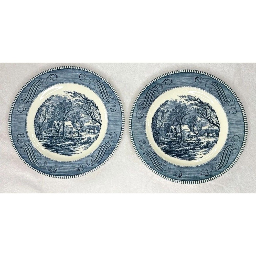 2 Currier and Ives Old Grist Mill Royal China Dinner Plates 10" Blue 1 Chip